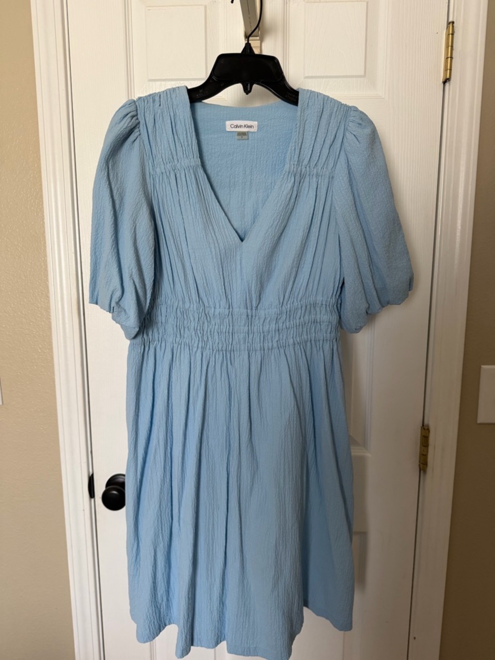 Calvin Klein Sky Blue V-Neck Smocked Waist Mini Dress
